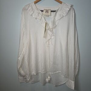 NEW Figue Womens‎ White Long Sleeve Metallic pin Stripe Ruffle V Neck Blouse XL
